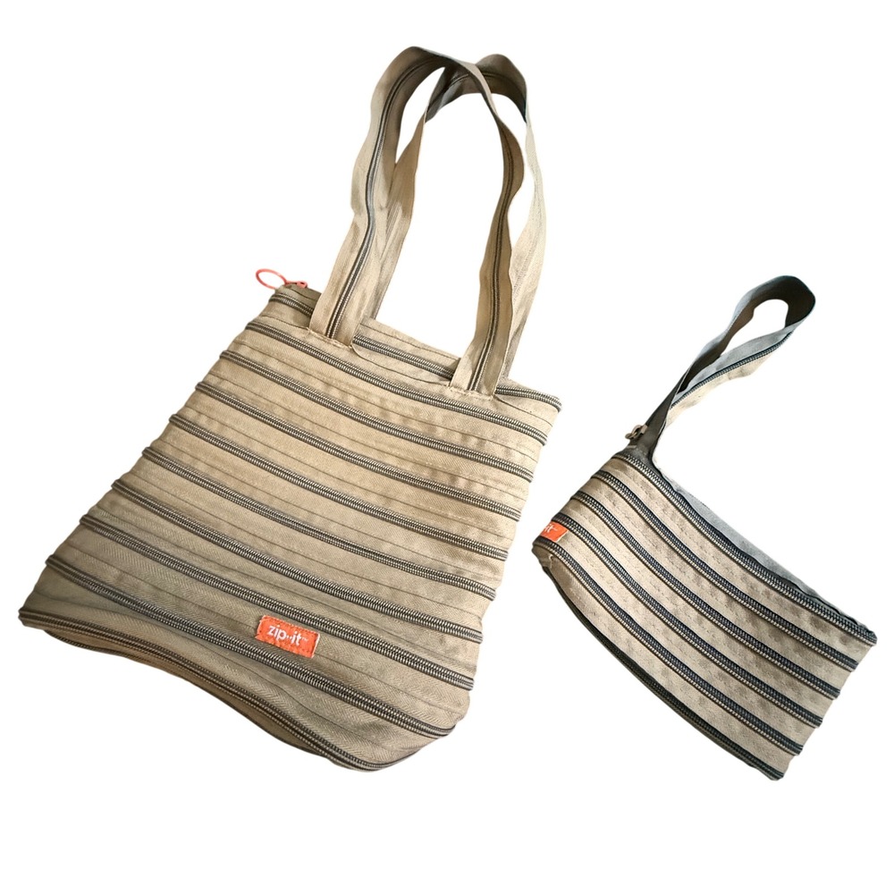 Zip-It Tan Zipper Tote Bag and Matching Wristlet Pouch Set Continuous Zip Design